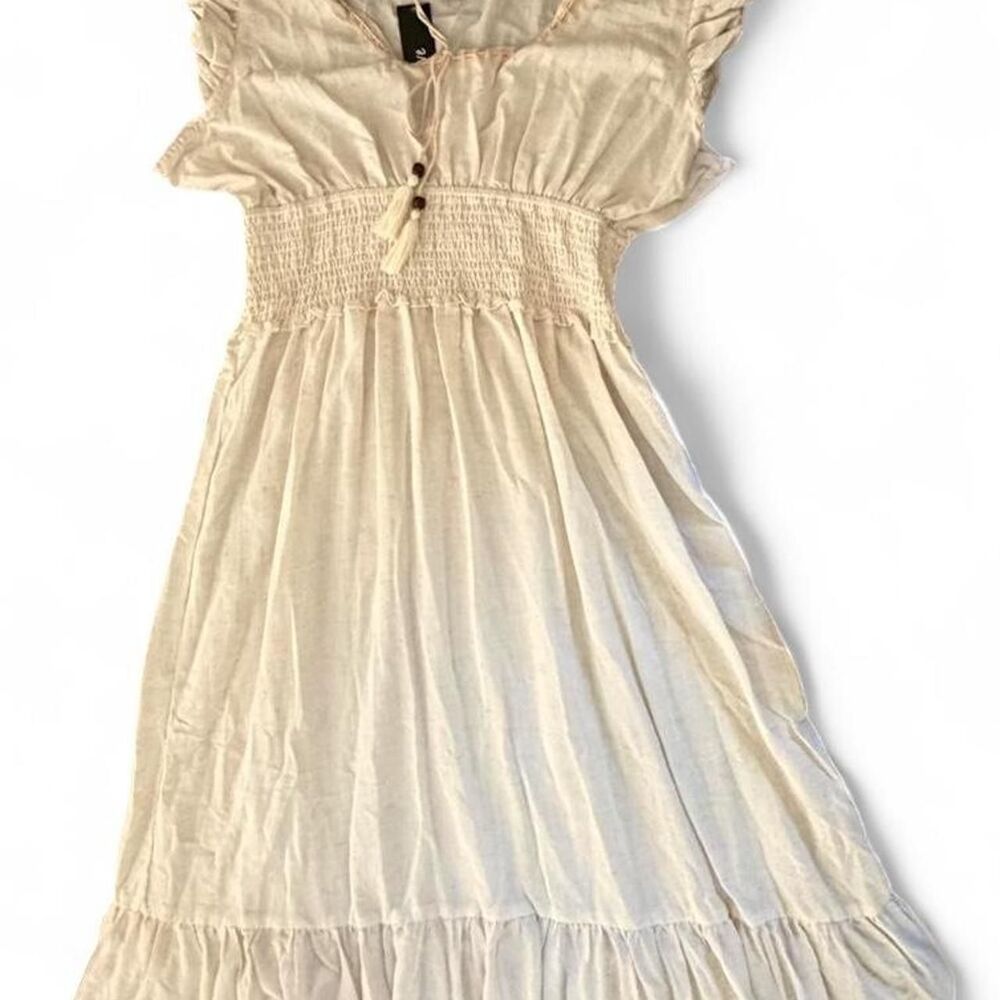 Women's Cotton Linen Cream and Tan Midi Dress Size 2XL - Picture 2 of 6